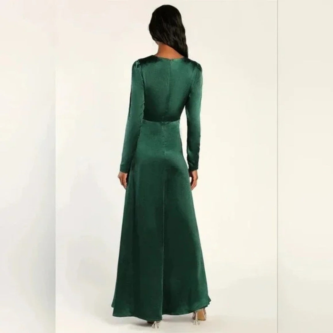 Lulus Endearing Elegance Emerald Green Satin Long Sleeve Maxi Dress Size 3X