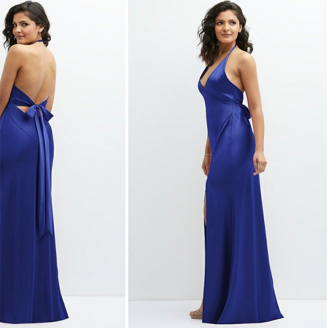 After Six Plunge Halter Open-Back Maxi Bias Dress With Low Back Size M
