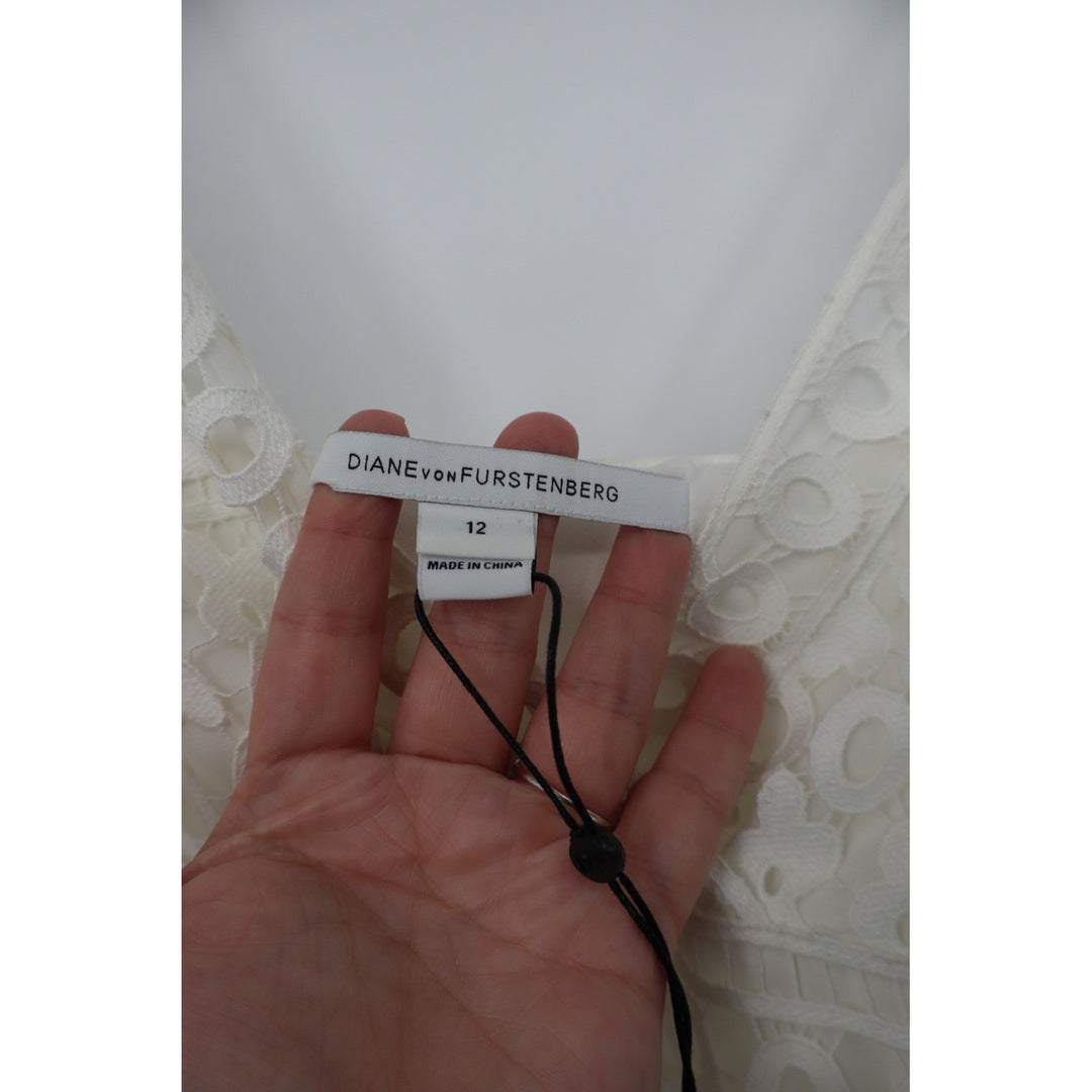 DIANE von FURSTENBERG Tiana Lace Midi Dress White Size 12 V Neck Ruffle Hem