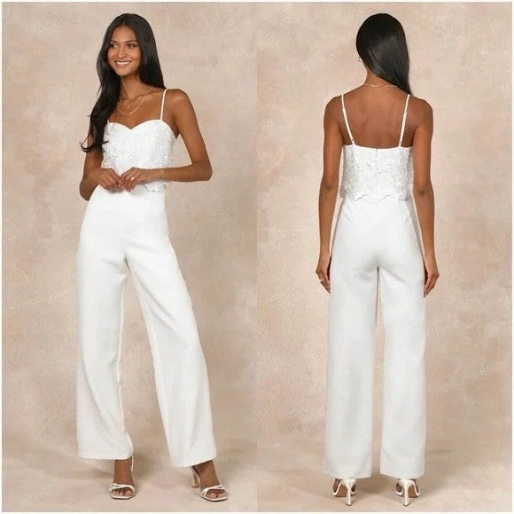 Lulus Exquisite Posture White Floral Embroidered Tiered Jumpsuit Size S