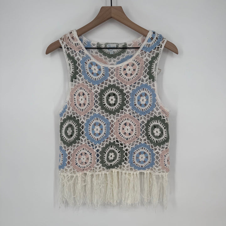 Blue Rain Francesca's Kassandra Crochet Fringe Tank Top Pink Blue Green Large