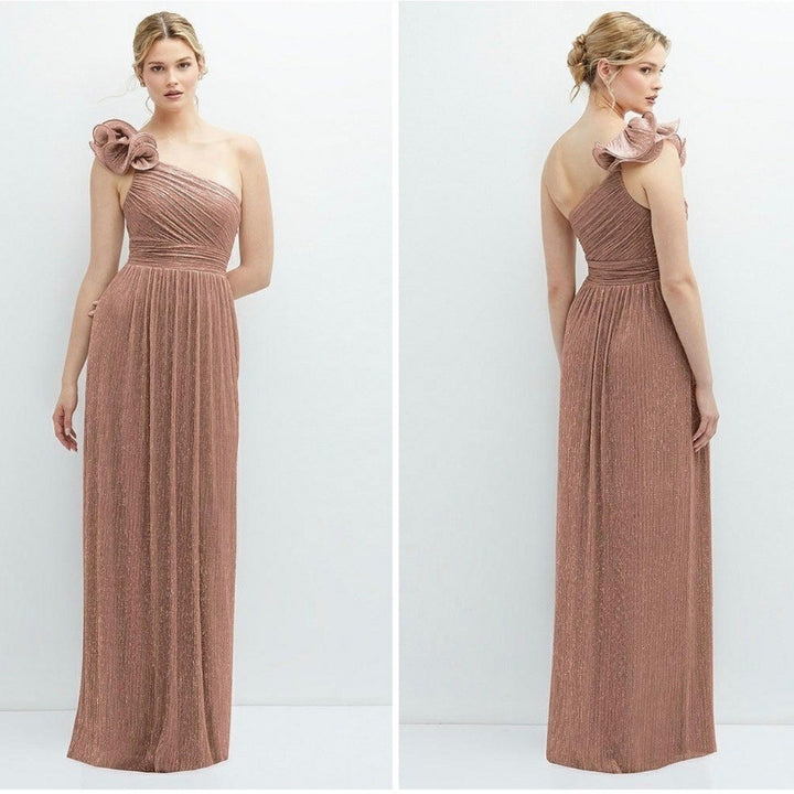 After Six Ruffle Edge One-Shoulder Metallic Pleated Maxi Dress Size XL