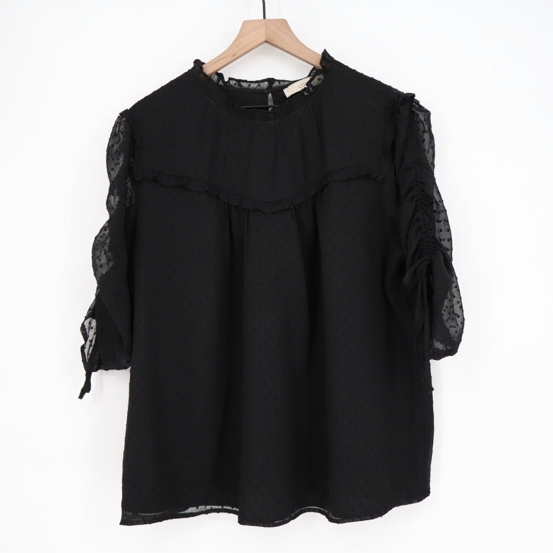 LOFT Black Ruffled Mock Neck Swiss Dot Blouse XXL