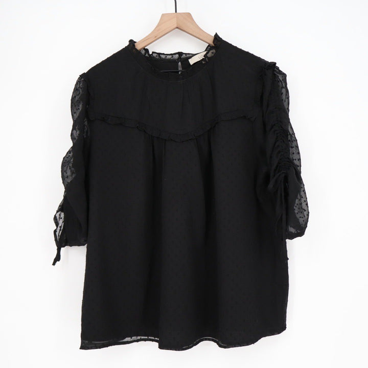 LOFT Black Ruffled Mock Neck Swiss Dot Blouse XXL