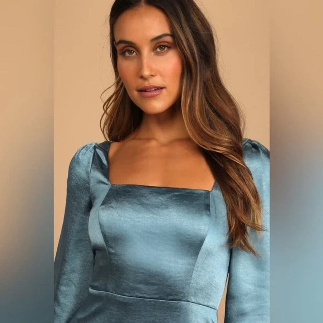 Lulus Got The Love Slate Blue Satin Square-Neck Mini Dress Size L
