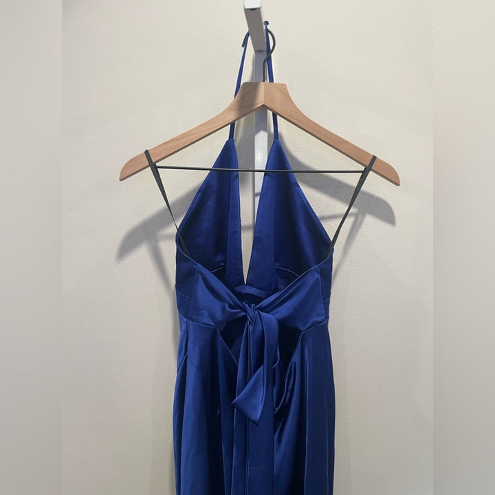 After Six Plunge Halter Open-Back Maxi Bias Dress With Low Back Size M