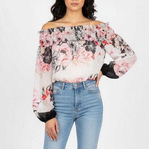 White House Black Market Off The Shoulder Floral Smocked Blouse Top Size L