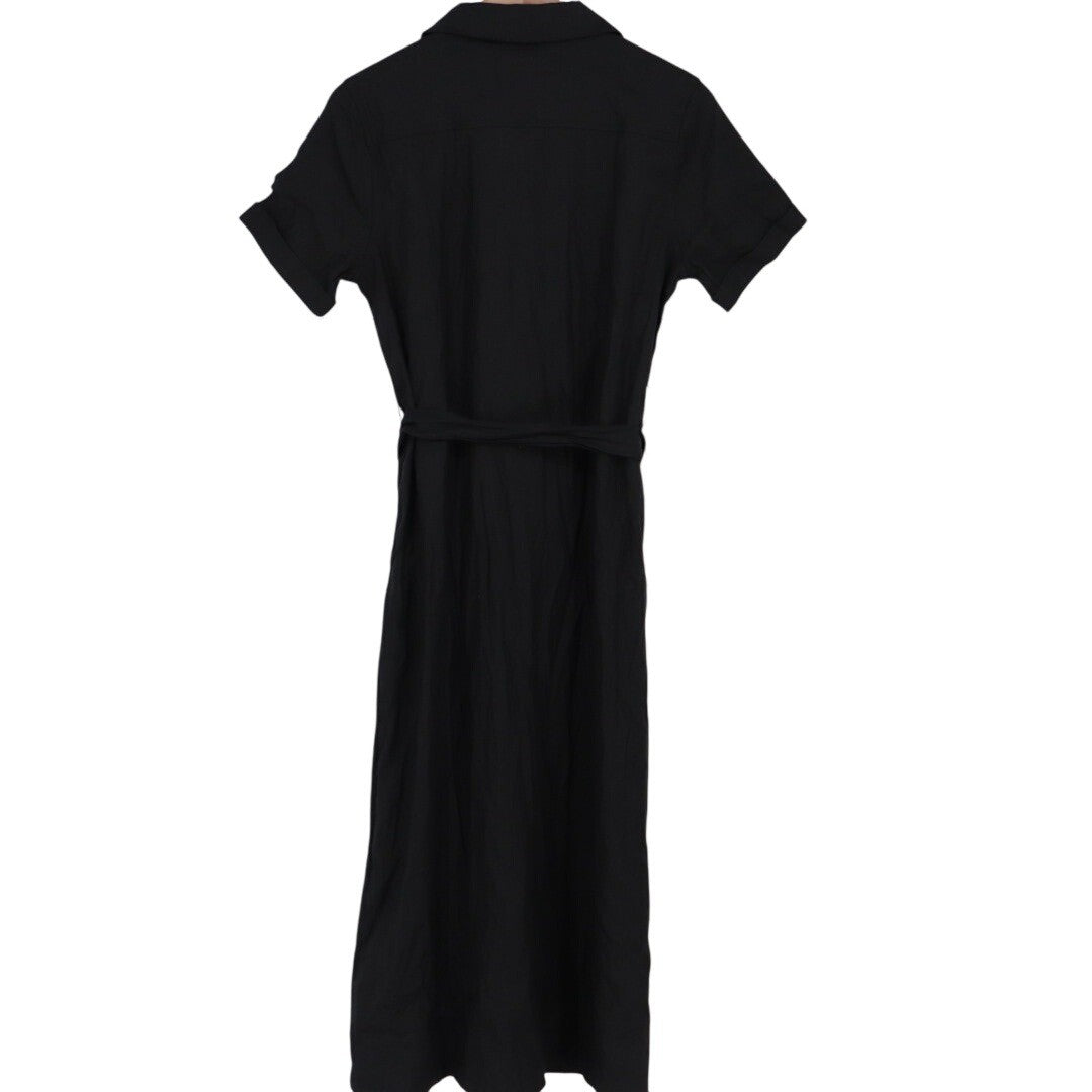 American Giant Black Linen Blend Button Front Belted Midi Shirt Dress Size S