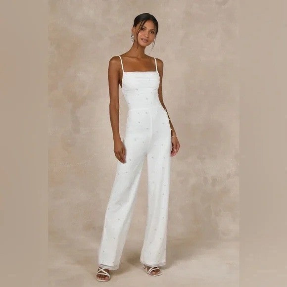 Lulus Unbelievably Divine White Mesh Pearl Lace-Up Jumpsuit Size S