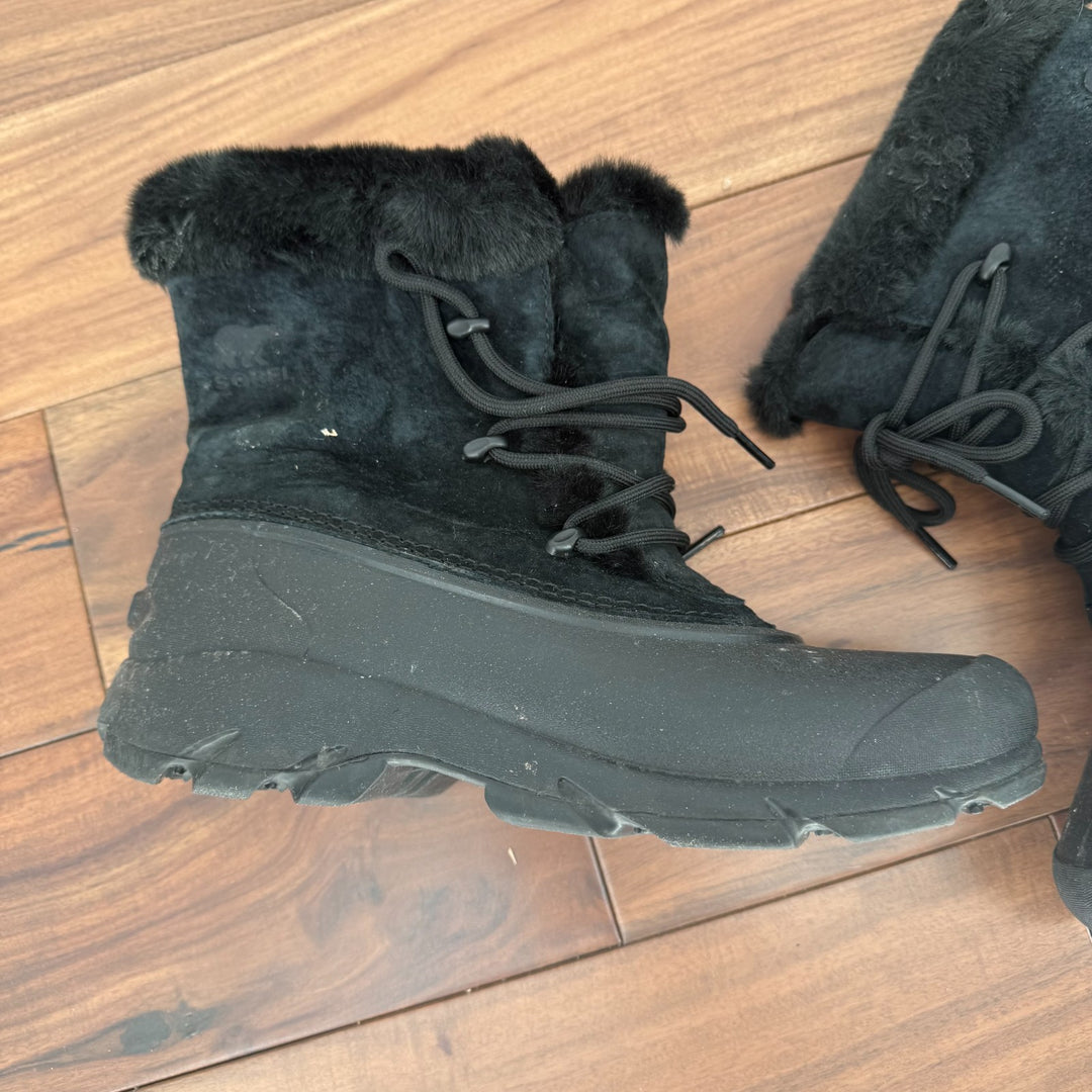 Sorel Boots Womens Size 8 Black Snow Angel Suede Faux Fur Cuff Waterproof Winter