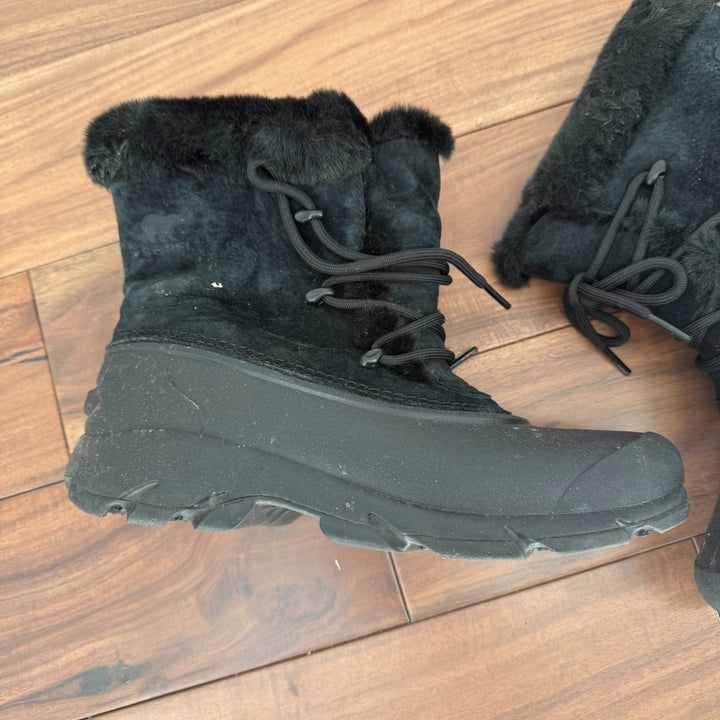 Sorel Boots Womens Size 8 Black Snow Angel Suede Faux Fur Cuff Waterproof Winter