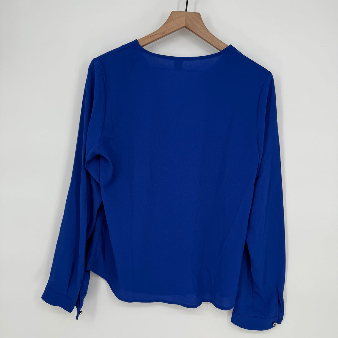 SHEIN Cobalt Blue Blouse Top Womens Long Sleeve Button Detail V-Neck Size L