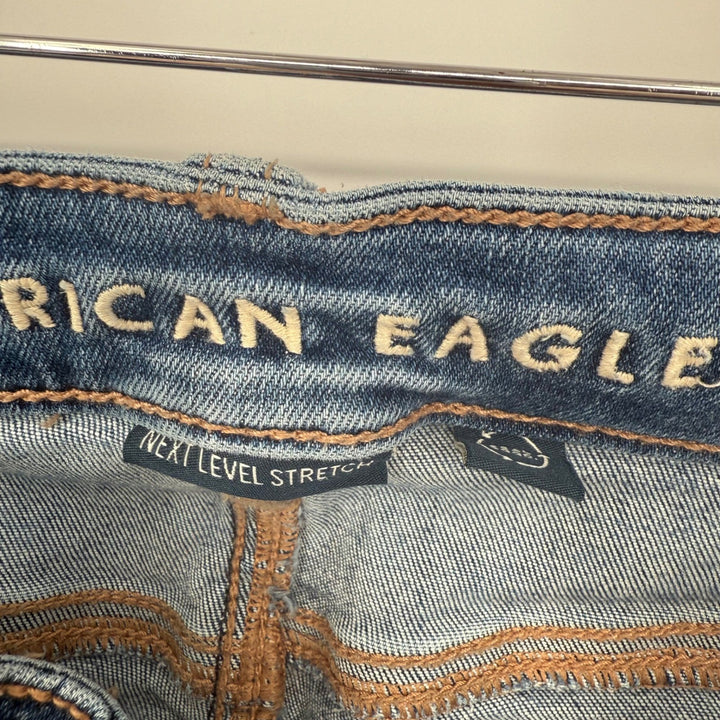 American Eagle Flared Distressed Jeans Blue Denim Next Level Stretch Size 4