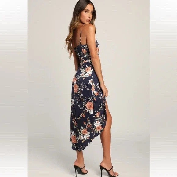 Lulus My Favorite Day Navy Blue Floral Print Tulip Skirt Midi Dress Size M