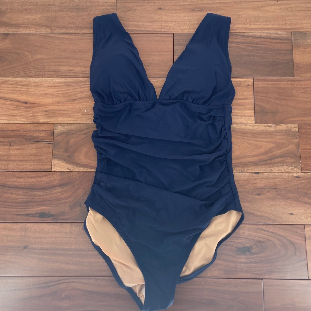 J.Crew Navy Ruched V Neck One Piece Swimsuit Size L