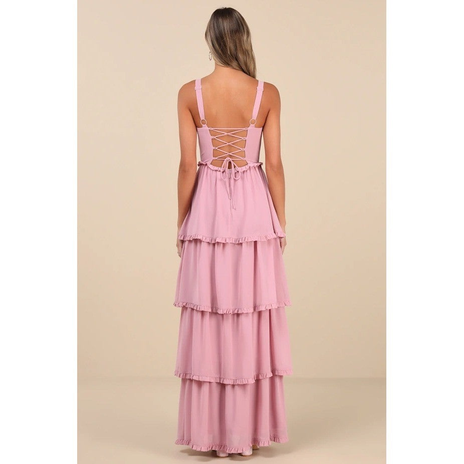 Lulus Sophisticated Occasion Pink Bustier Lace-Up Maxi Dress Size S