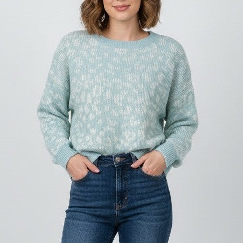 JOHN + JENN Mystic Blue Leopard Print Crew Neck Sweater Size S