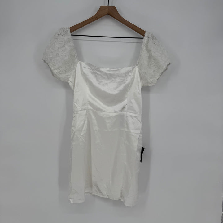 Lulus Precious Enchantment White Satin Floral Puff Sleeve Mini Dress Size S