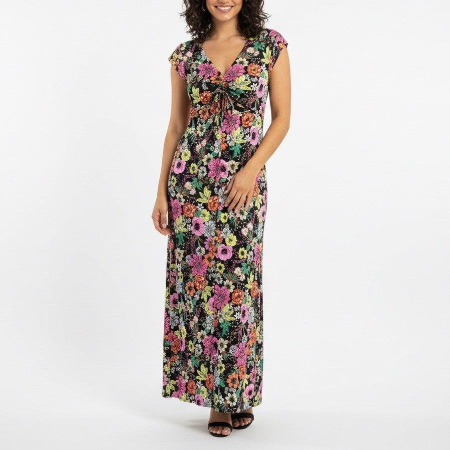 AFRM Floral Ruched Drawstring Maxi Dress Noir Garden L
