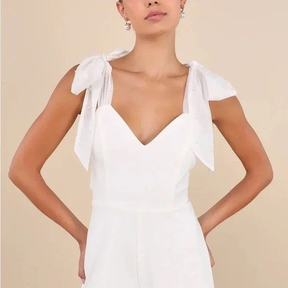 Lulus Certainly Aglow White Organza Pearl Tie-Strap V-Neck Romper Size L