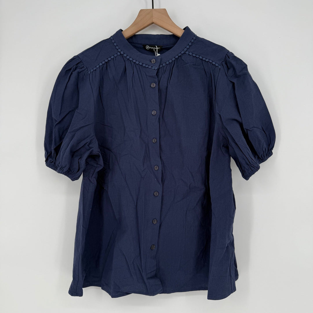 Pretty Garden Navy Blue Puff Sleeve Button Down Shirt Women's XL Casual
