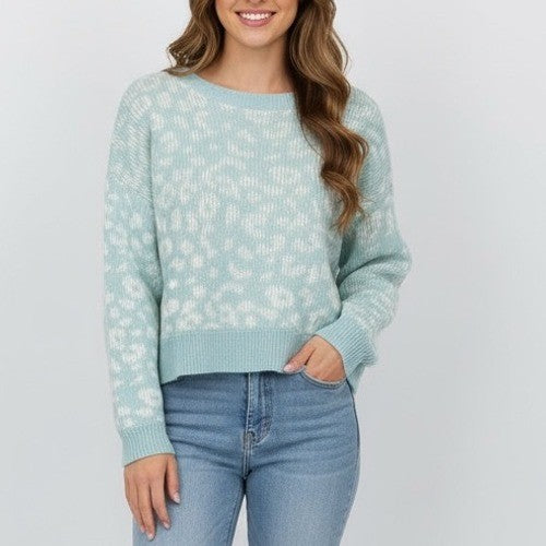 JOHN + JENN Mystic Blue Leopard Print Crew Neck Sweater Size S