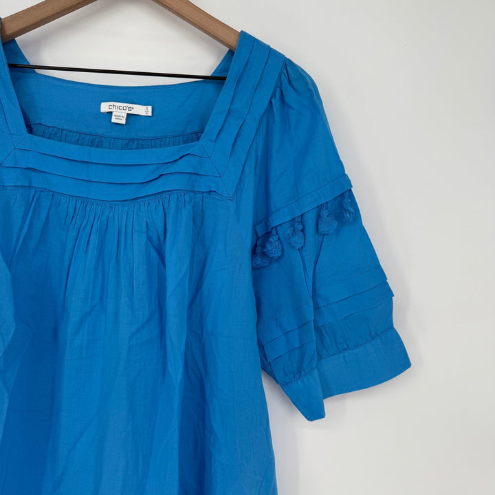 Chicos Blue Square Neck Pintuck Tassel Tunic Top Shirt Size 16