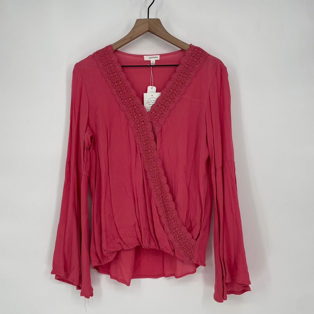 Eyeshadow Pink Crochet Trim Wrap V Neck Bell Sleeve Blouse Top Size S