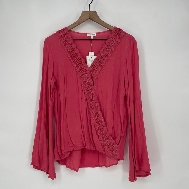 Eyeshadow Pink Crochet Trim Wrap V Neck Bell Sleeve Blouse Top Size S