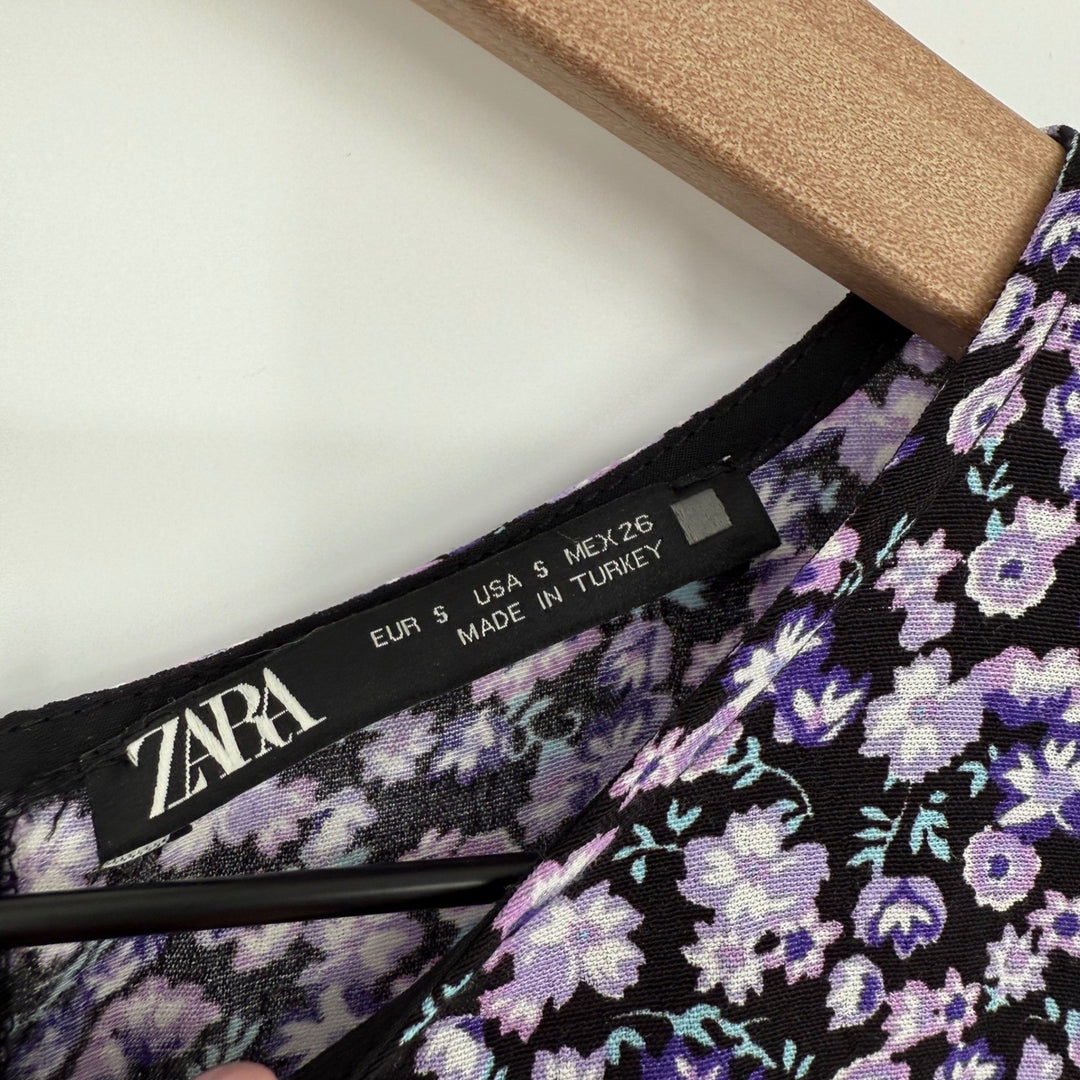 ZARA Floral Print Long Sleeve Wrap Dress Purple Black Size S