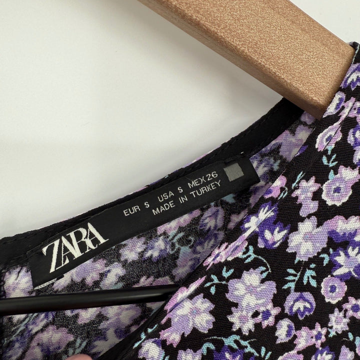ZARA Floral Print Long Sleeve Wrap Dress Purple Black Size S