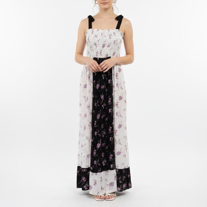 Aqua Maxi Dress Floral Print White Black Purple Smocked Bodice Tie Straps Size S