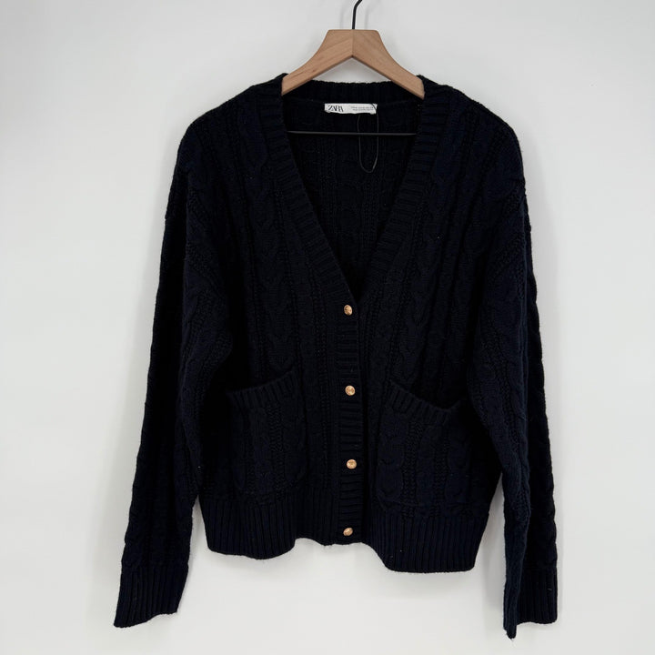 Zara Black Cable Knit Button Front Cardigan Sweater Size Medium