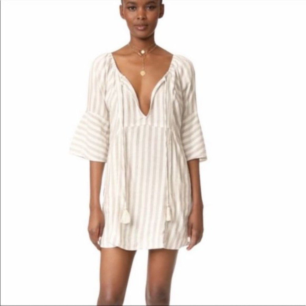 Free People Folk Town Linen Off-Shoulder Striped Mini Dress Size XS