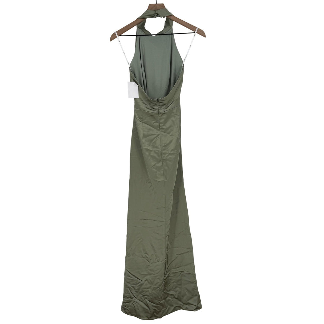 Lovely Noor Cowl Halter Open-Back Satin Maxi Dres In Sage Size XS