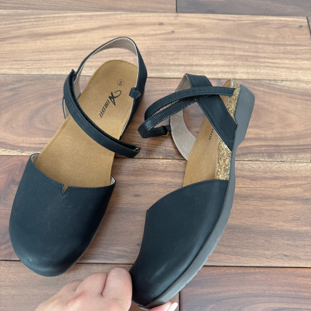 Athlefit Sandals Womens Size 9 Us Black Leather Slide Ankle Strap Closed Toe