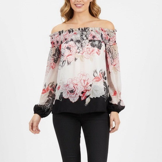 White House Black Market Off The Shoulder Floral Smocked Blouse Top Size L