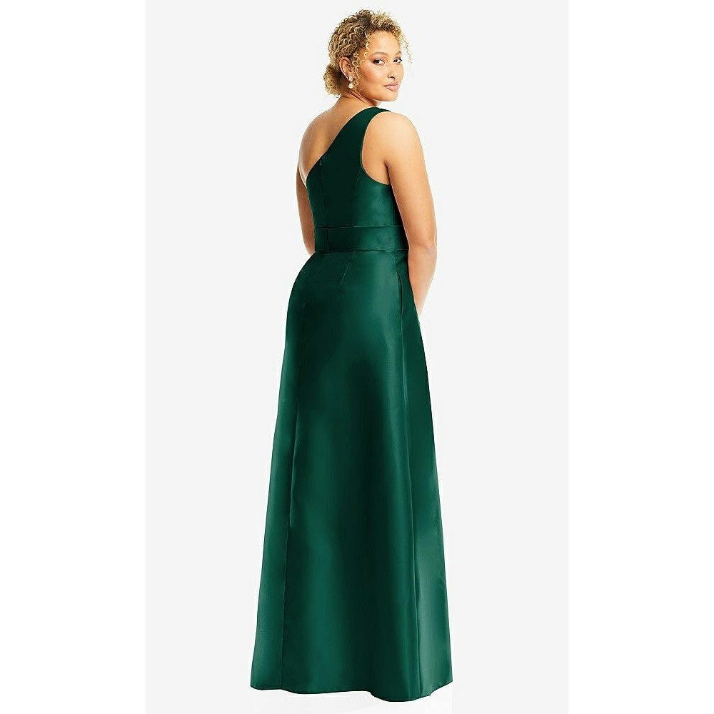 Alfred Sung Draped One-Shoulder Satin Maxi Dress With Pockets Size 6