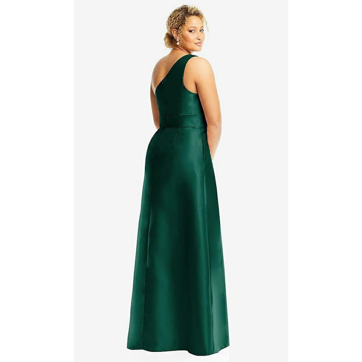 Alfred Sung Draped One-Shoulder Satin Maxi Dress With Pockets Size 6