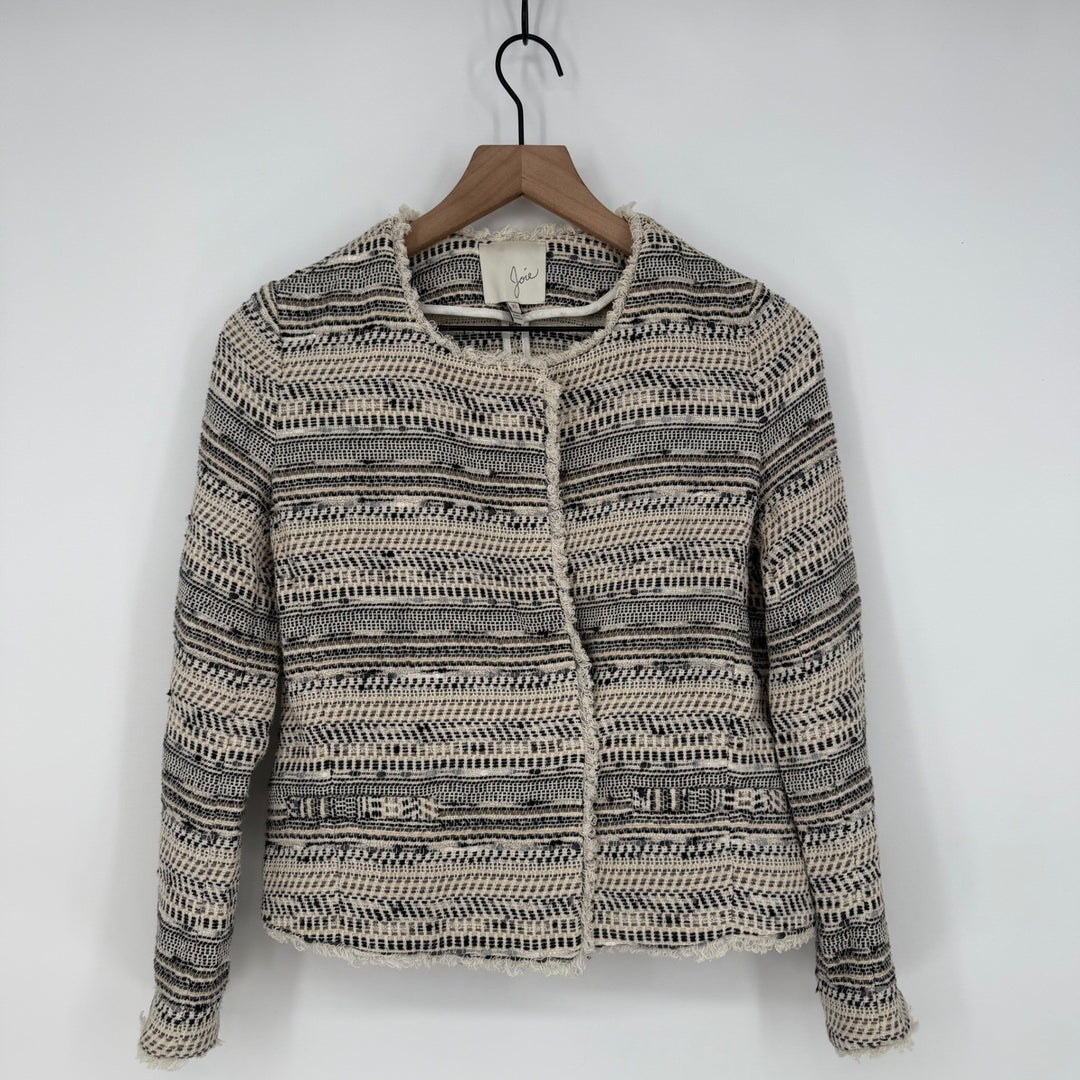 Joie Tweed Collarless Jacket Textured Fringe Open Front XS