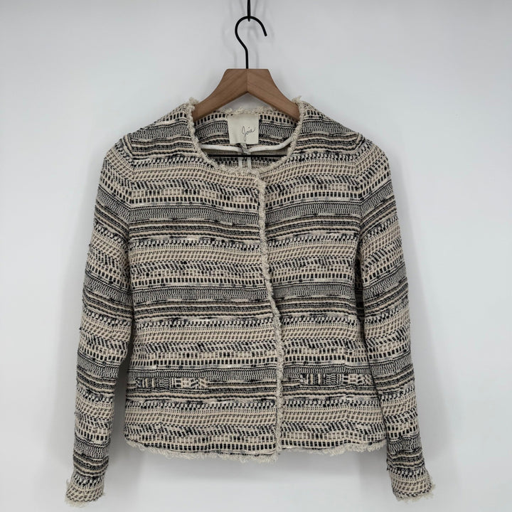 Joie Tweed Collarless Jacket Textured Fringe Open Front XS