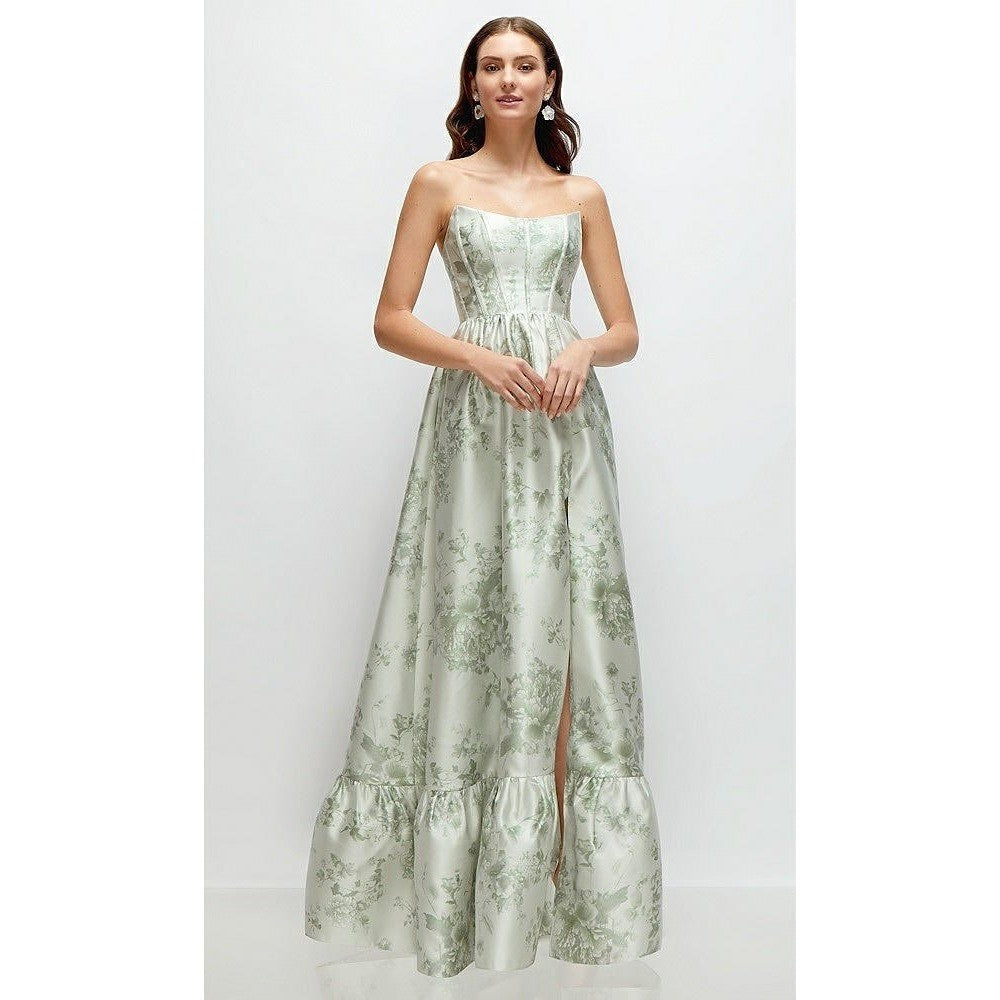 Dessy Floral Strapless Cat-Eye Boned Bodice Maxi Dress Sage Cottage Rose