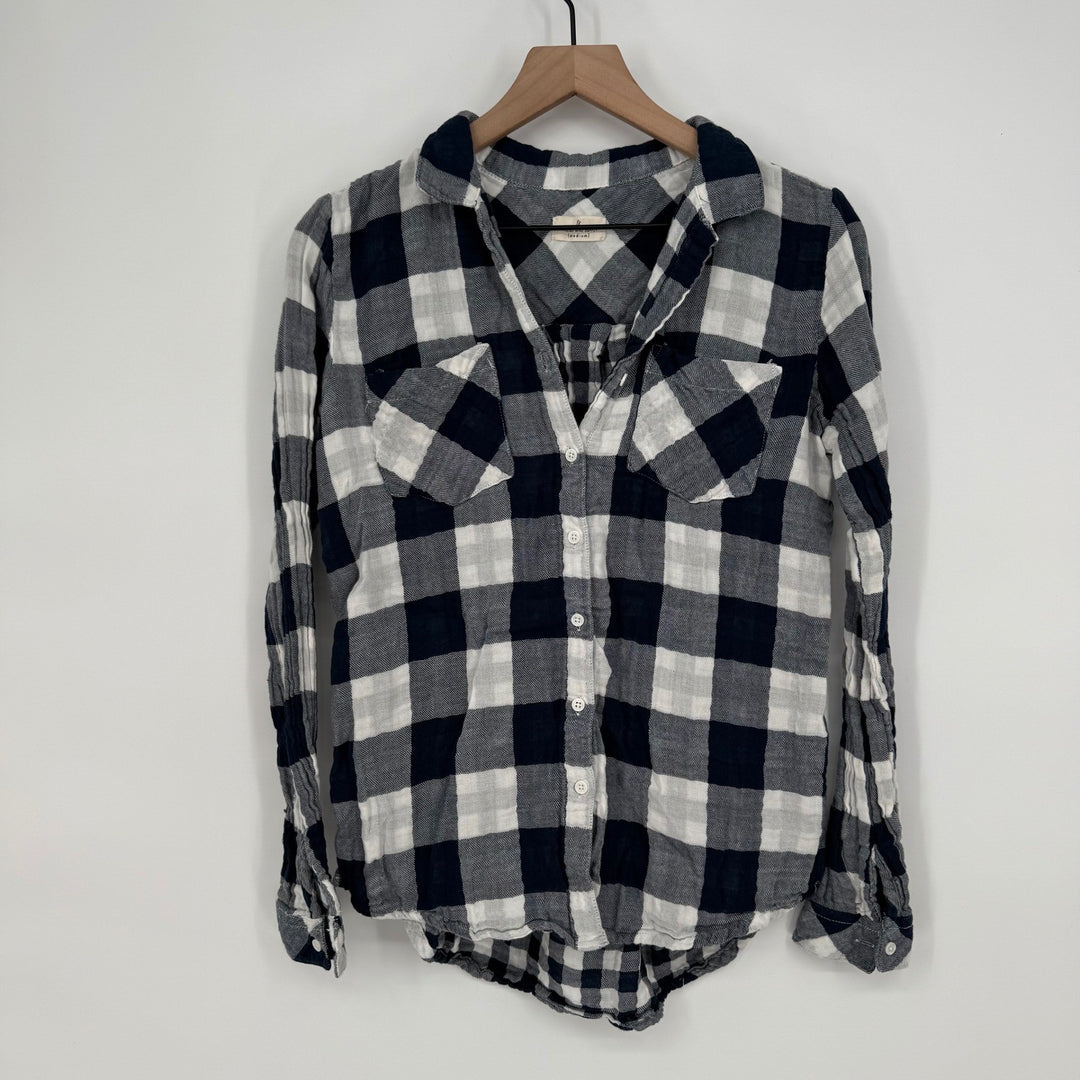 Thread & Supply Plaid Flannel Shirt Button Down Long Sleeve Navy Ivory M