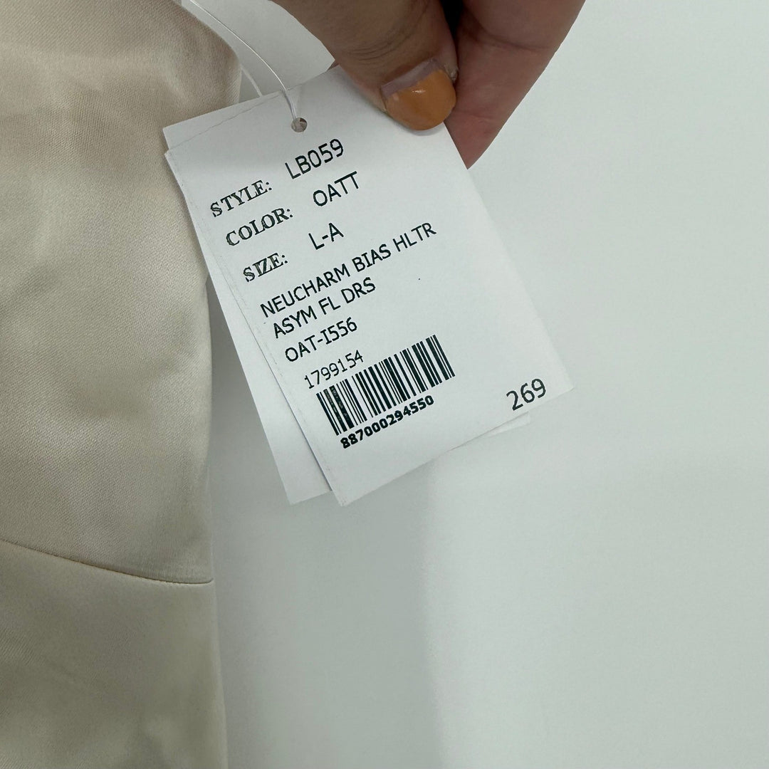 Lovely new beige satin halter bias cut asymmetric flowy maxi dress size L