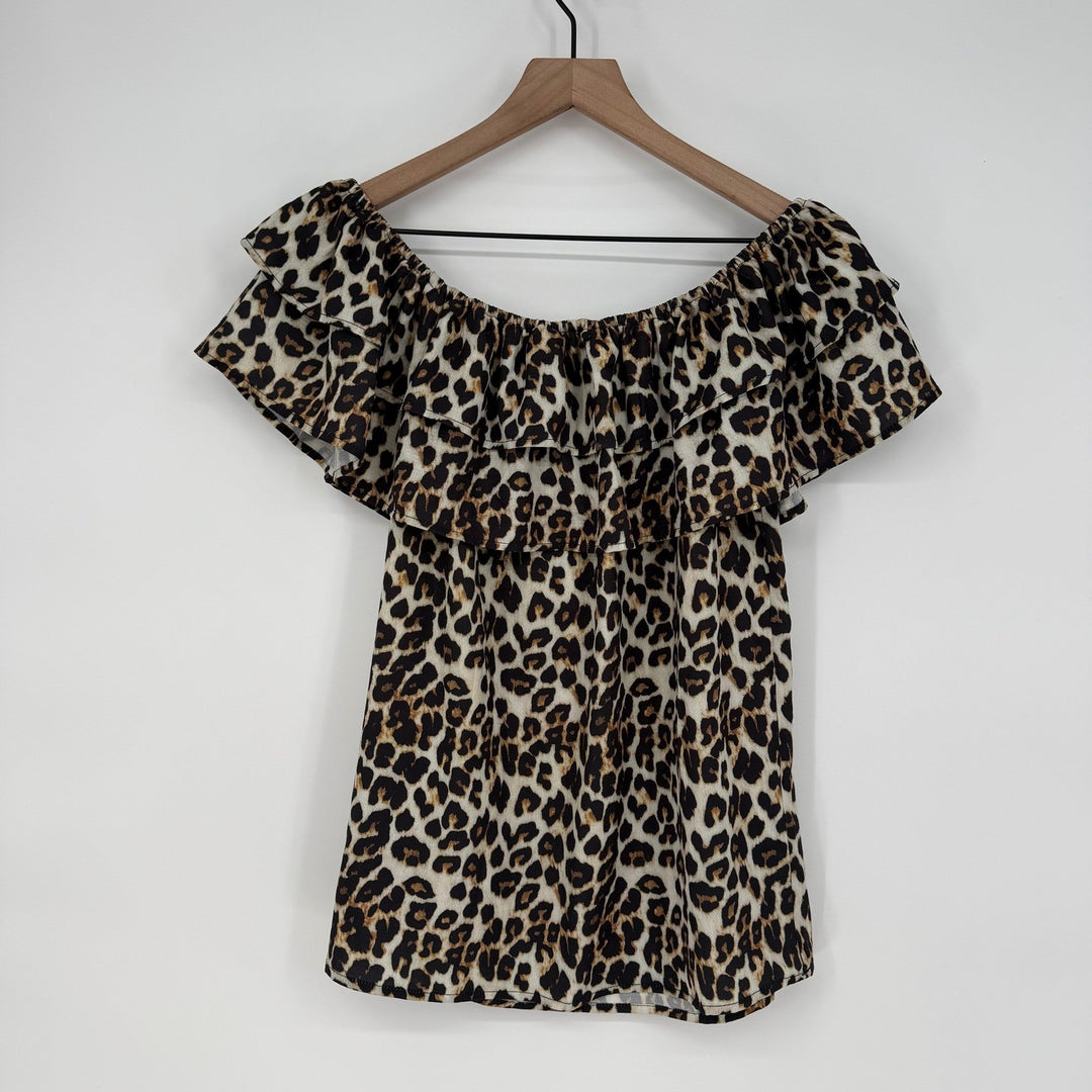 Womens Hibluco Leopard Print Off Shoulder Ruffle Top Shirt Size L
