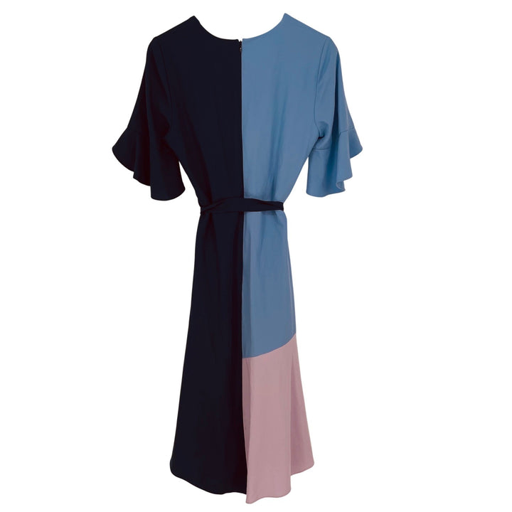 Hutch Colorblock Wrap Dress Navy Blue Light Blue Pink Flutter Sleeve Belted M