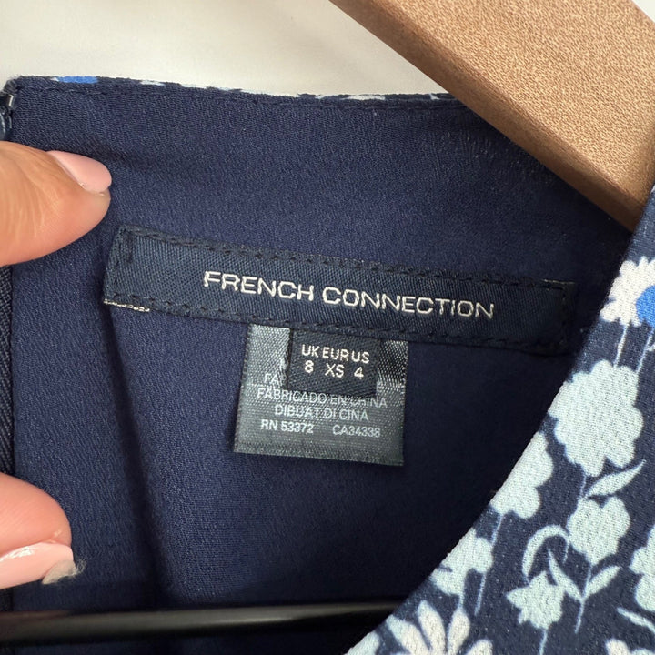 French Connection Floral Cutout Ruffle Dress Navy Blue XS 4 Puff Sleeve