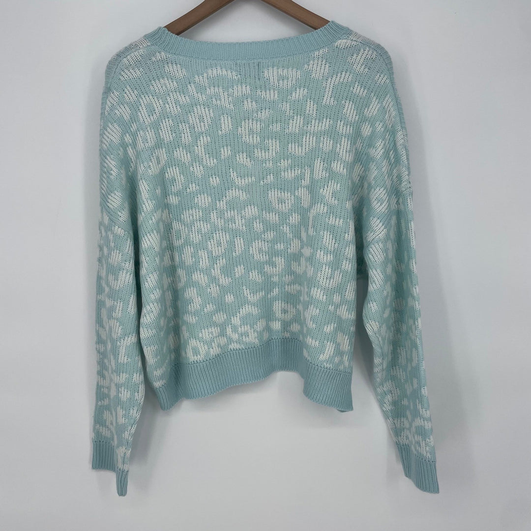 JOHN + JENN Leopard Print Crew Neck Sweater Light Blue White Long Sleeve Size L