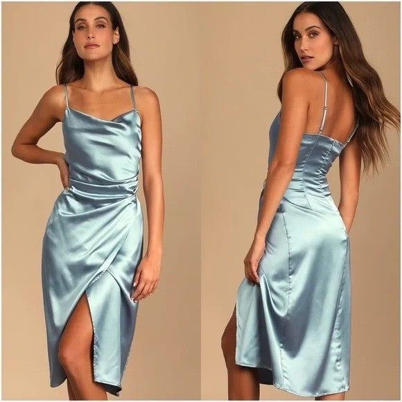 Lulus Hollywood Woman Dusty Blue Satin Midi Dress Size S