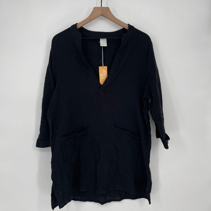 Kona Sol Womens Black V Neck Gauze Tunic Top Size S 3/4 Sleeve Pockets